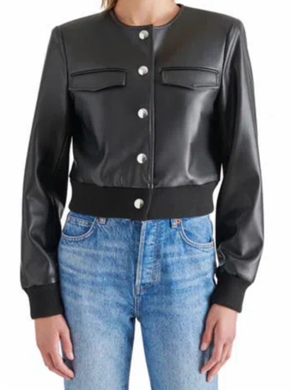 BB Dakota by Steve Madden Black Faux Leather Cropped Bomber Jacket